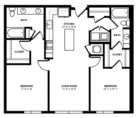 Floor plan for 2 beds, 2 baths, 1090 sqft